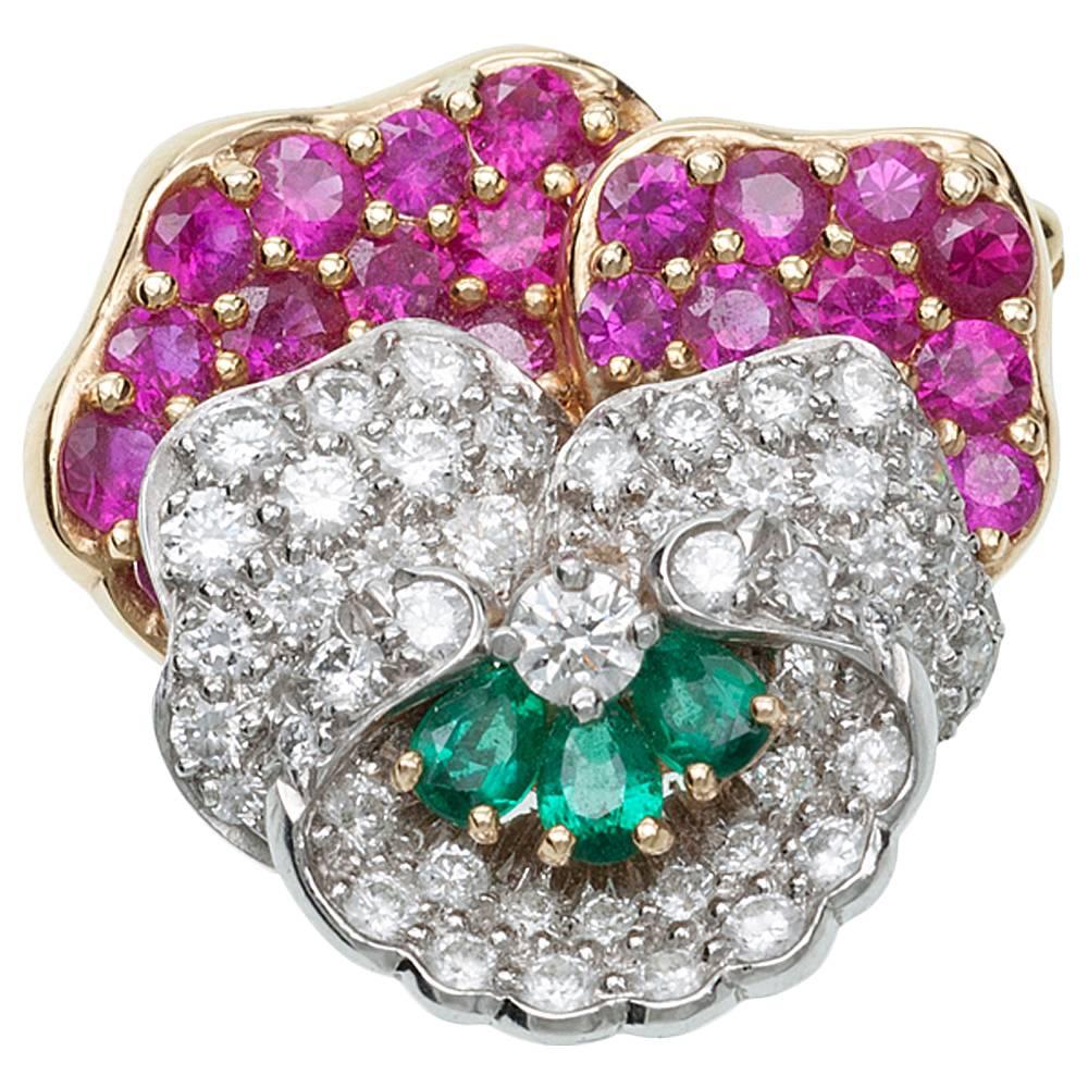 Classic Oscar Heyman Diamond Gold Platinum Pansy Brooch For Sale