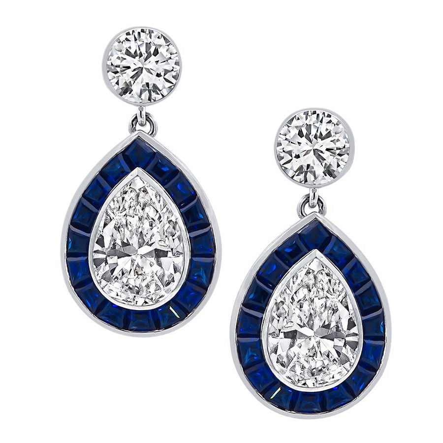 GIA Certified 4.76cttw Diamond Sapphire Dangling Earrings For Sale