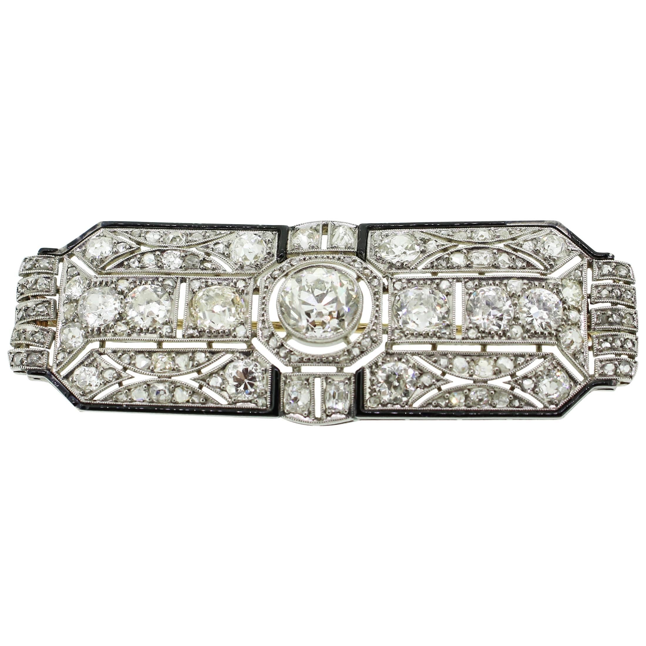 Art Deco Black Enamel 8.00 Carats Diamonds Platinum Filigree Brooch