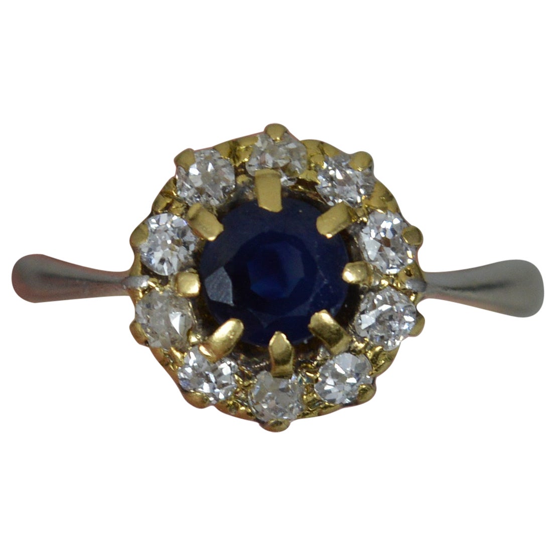 Edwardian Platinum and 18ct Gold Sapphire and Old Cut Diamond Cluster Ring For Sale