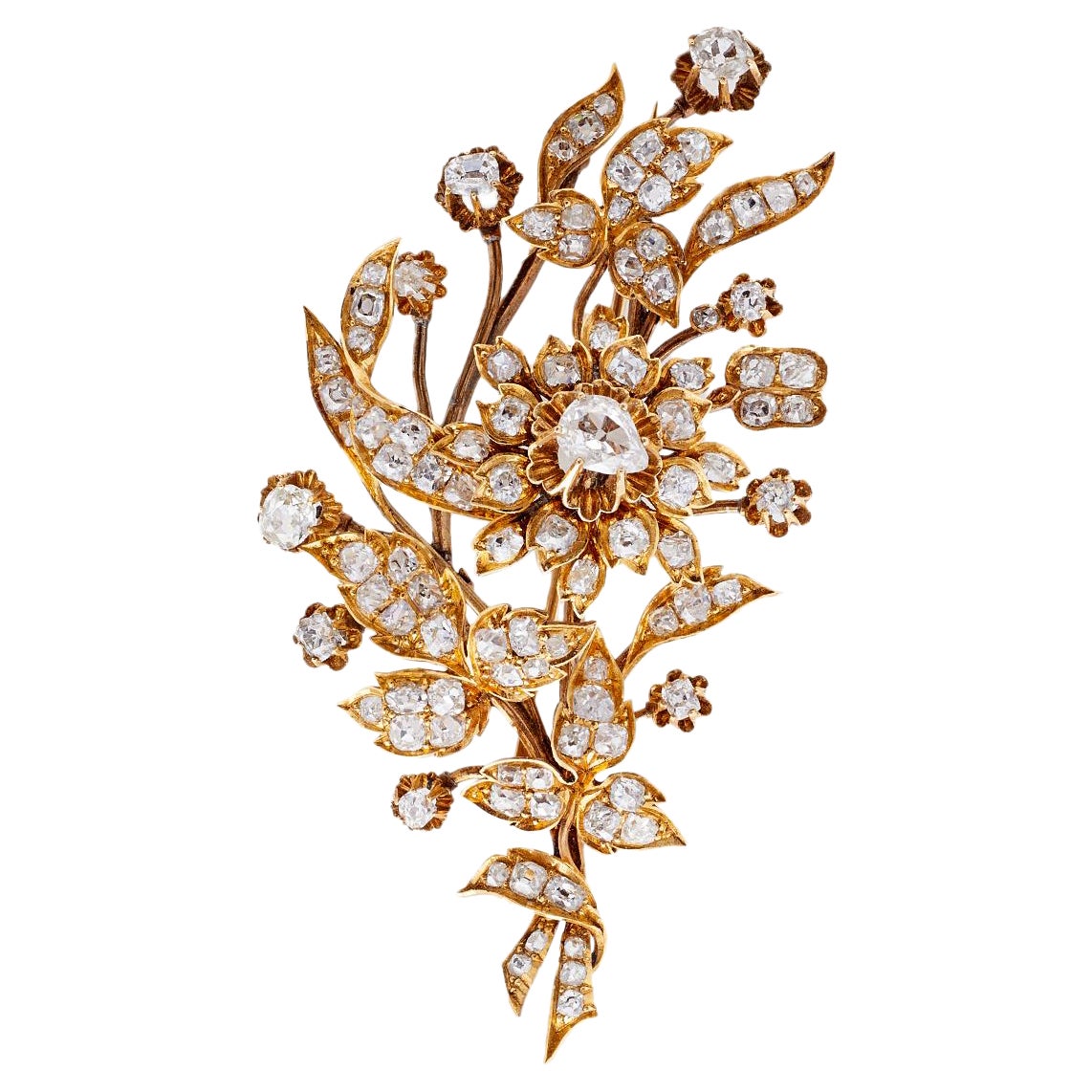 Victorian Old Cut Diamond 14k Yellow Gold Bouquet Brooch For Sale