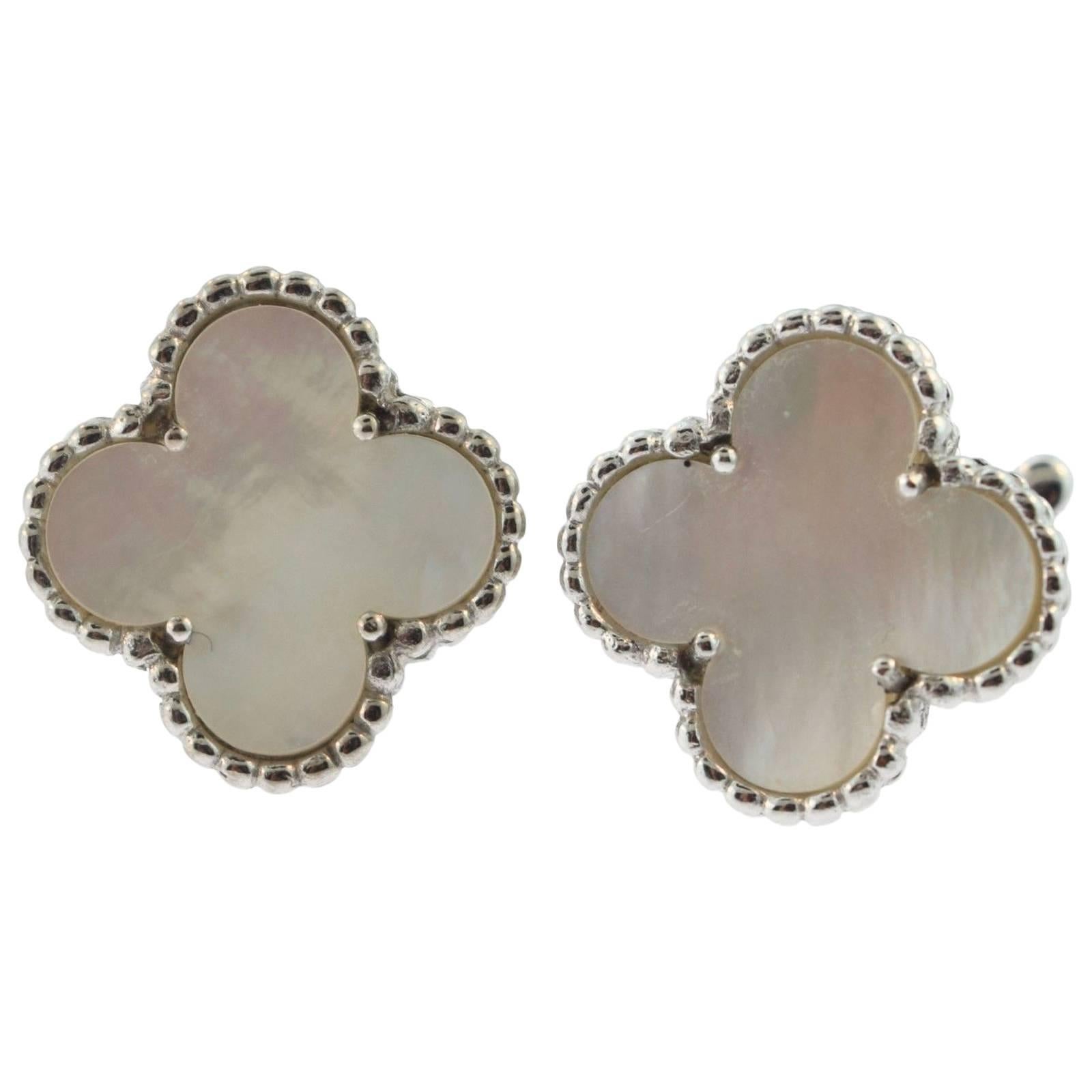Van Cleef & Arpels Vintage Alhambra Earrings, White Gold, White Mother of Pearl For Sale