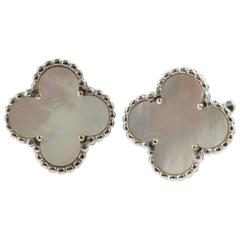 Van Cleef & Arpels Vintage Alhambra Earrings, White Gold, White Mother of Pearl