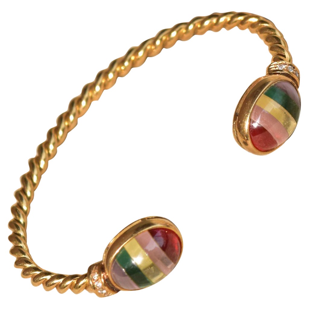 18K Yellow Gold Striped Glass Cabochon Cuff Bracelet For Sale