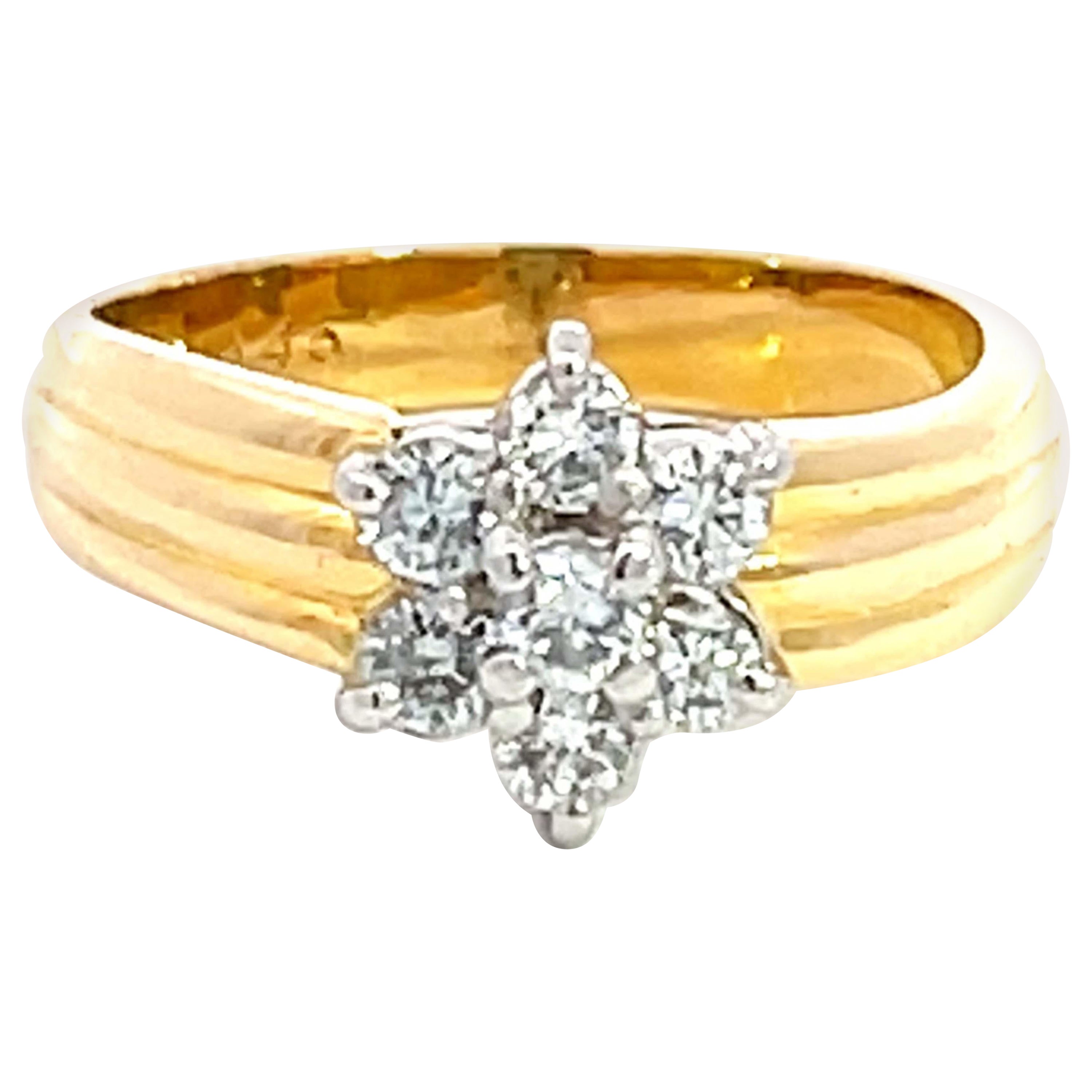Diamond Flower Two Toned Ring in 18K Yellow Gold and Platinum For Sale
