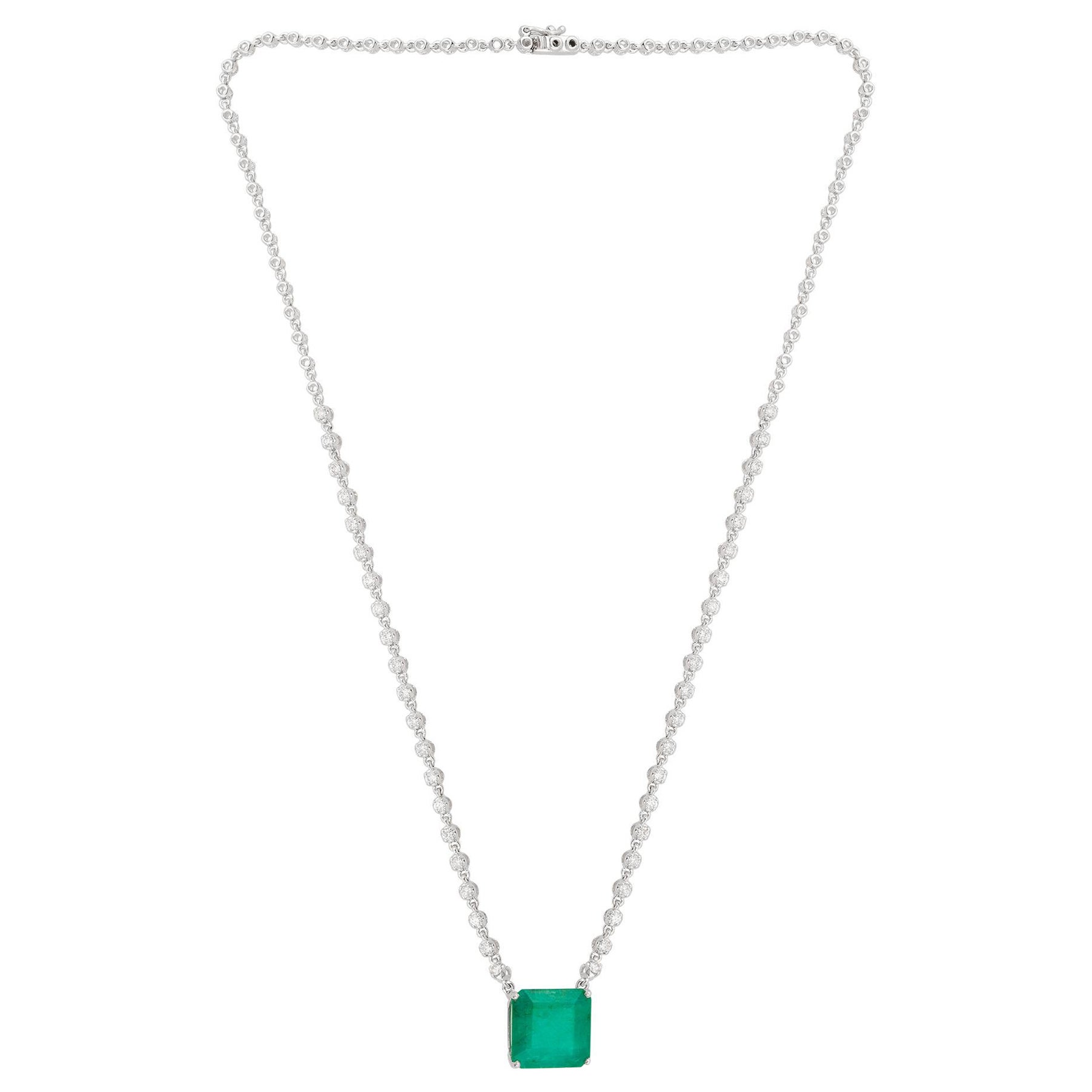 Zambian Emerald Gemstone Charm Necklace Diamond 18 Karat White Gold Fine Jewelry