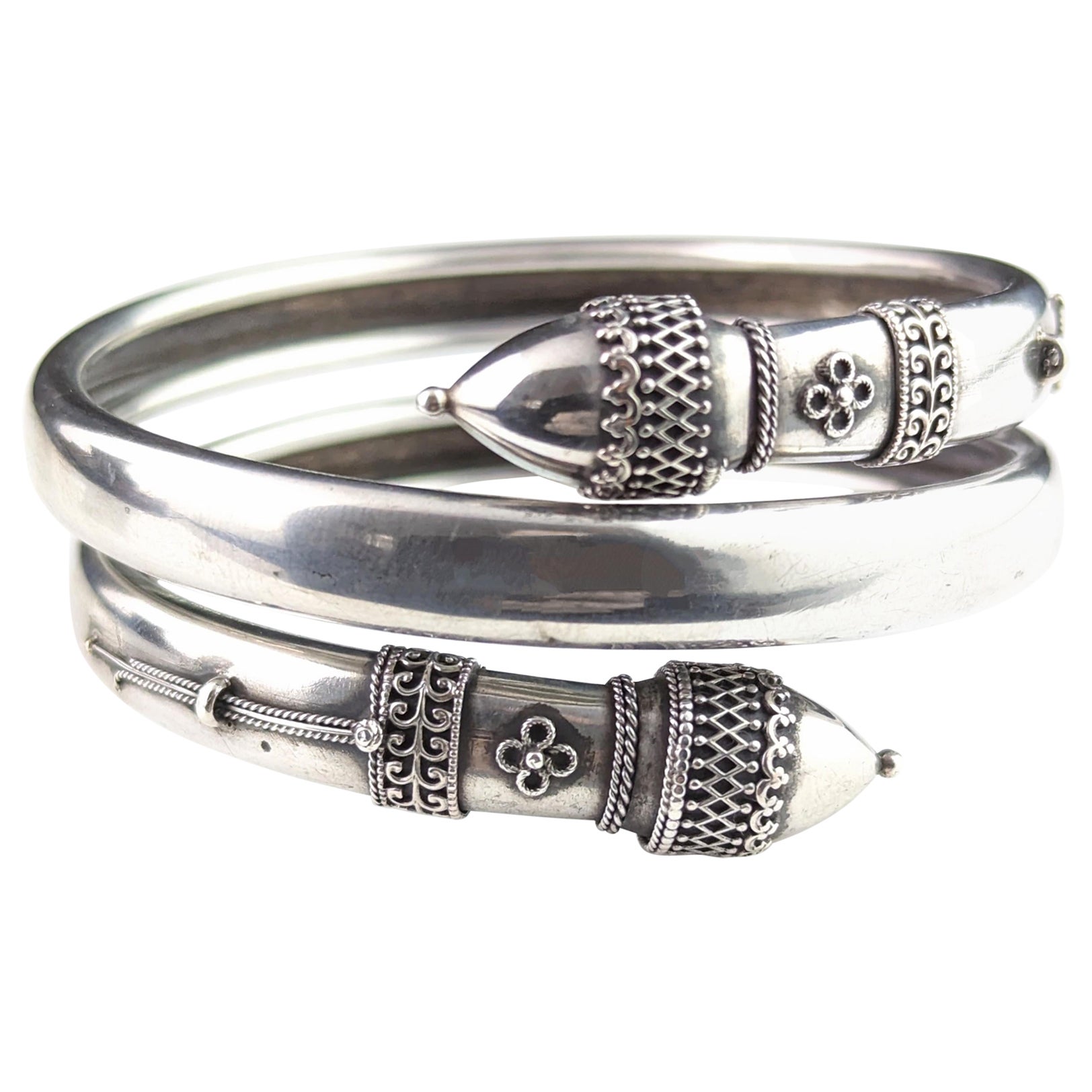Antique Victorian silver bypass bangle, Etruscan revival  For Sale