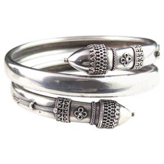 Used Victorian silver bypass bangle, Etruscan revival 