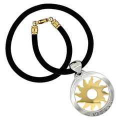Bulgari Tondo Sun Pendant in 18 Gold & Steel on Leather Collar with 18K Clasp