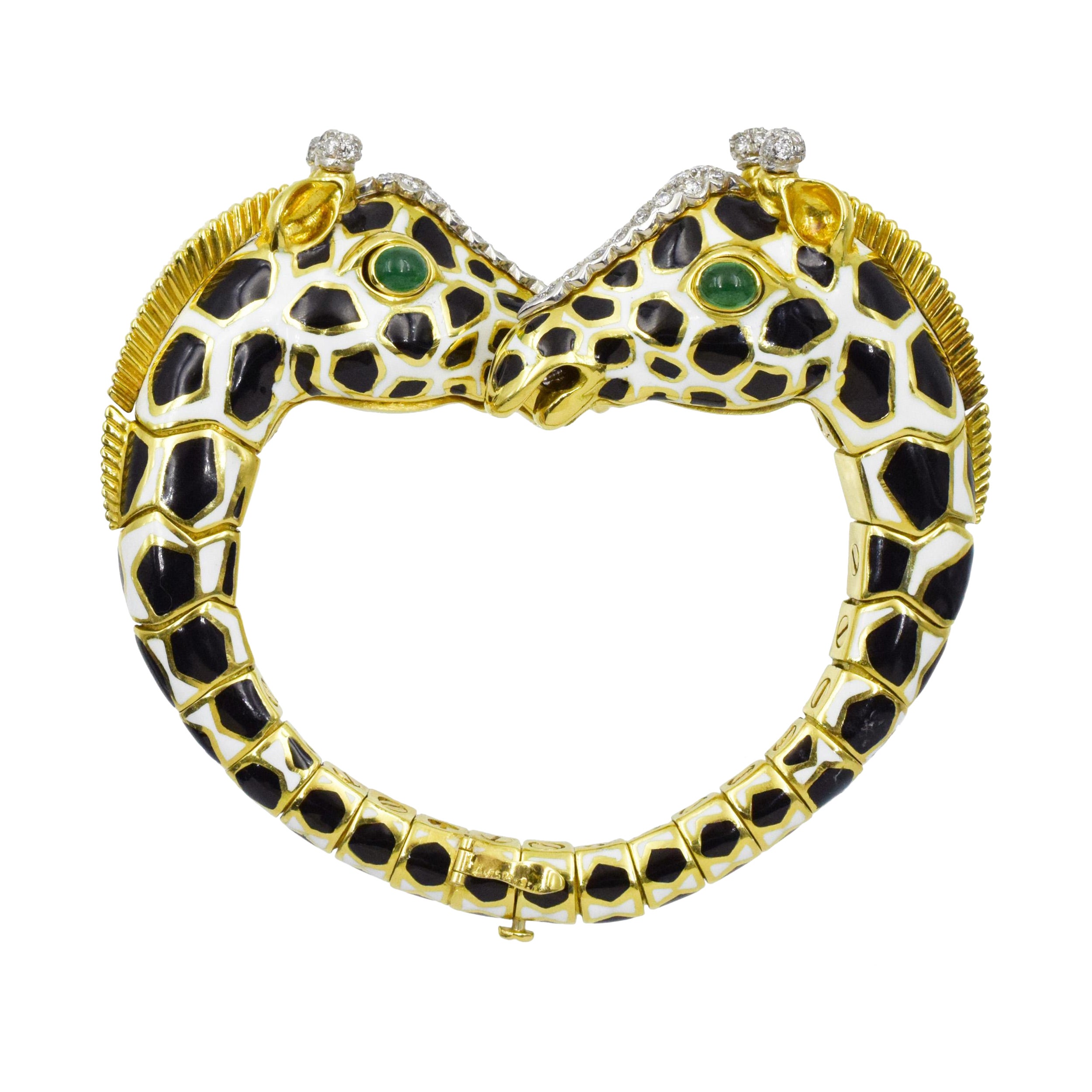 David Webb Enamel, Emerald, and Diamond "Giraffe" Bracelet.  For Sale