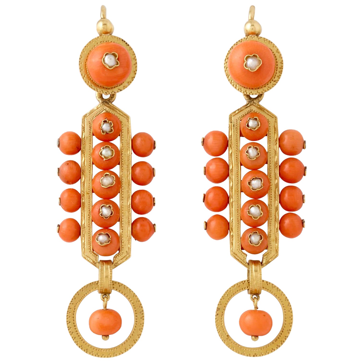 Antique 19th century gold, coral and pearl dangle earrings  For Sale