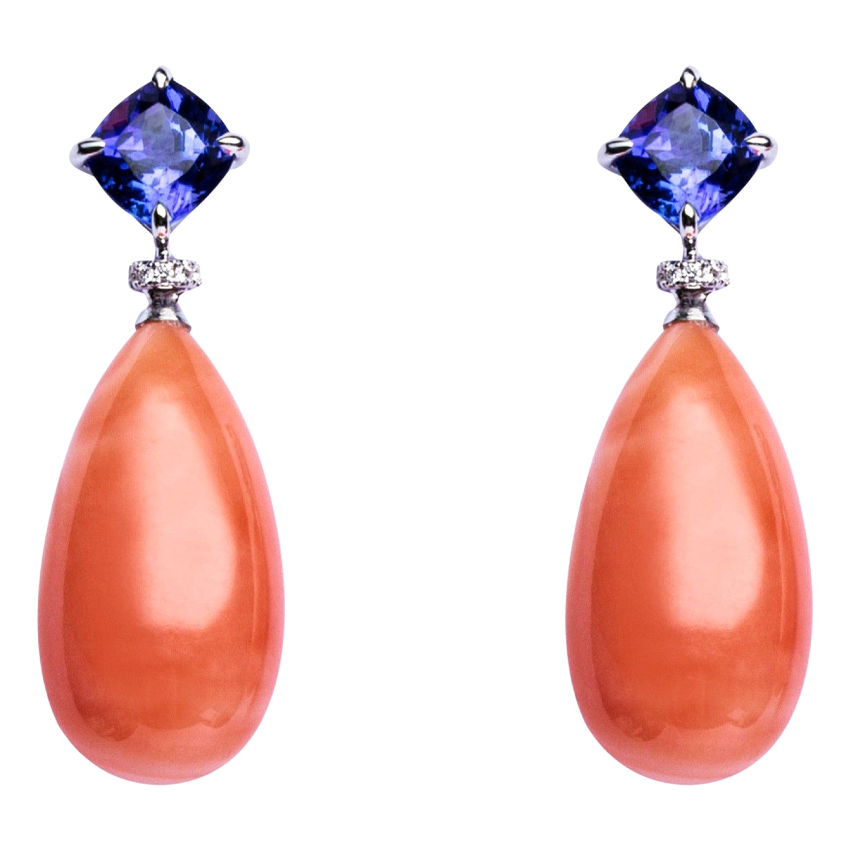 Alex Jona Coral Tanzanite 18 Karat White Gold White Diamond Drop Earrings