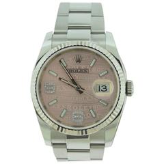 Rolex White Gold Stainless Steel Pink Wave Diamond Dial Datejust Wristwatch