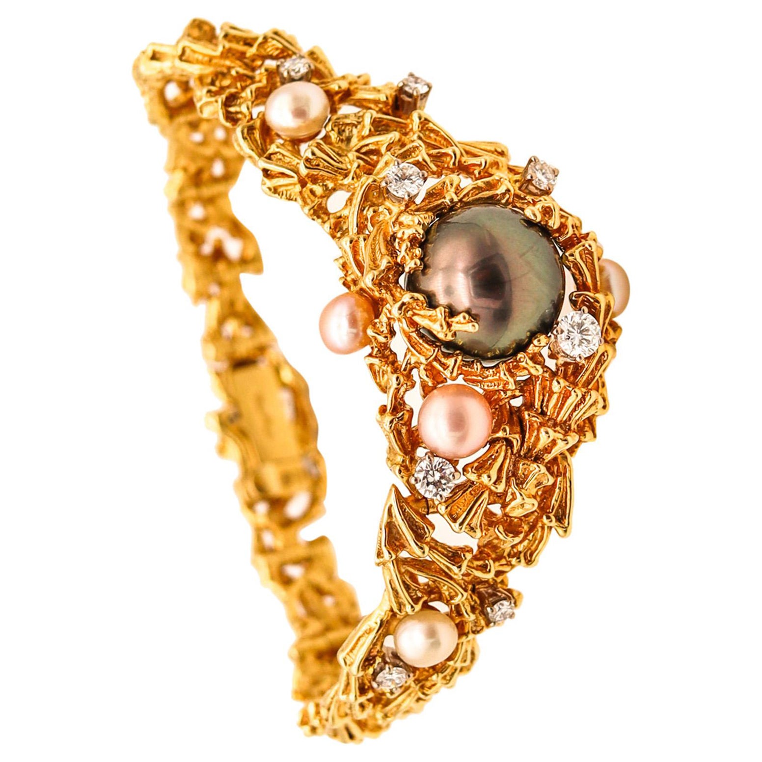 Gilbert Albert 1970 Organic Bracelet In 18Kt Yellow Gold With Diamonds And Pearl For Sale