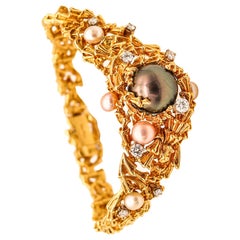 Organisches Armband aus 18 Karat Gelbgold von Gilbert Albert, 1970, mit Diamanten und Perlen