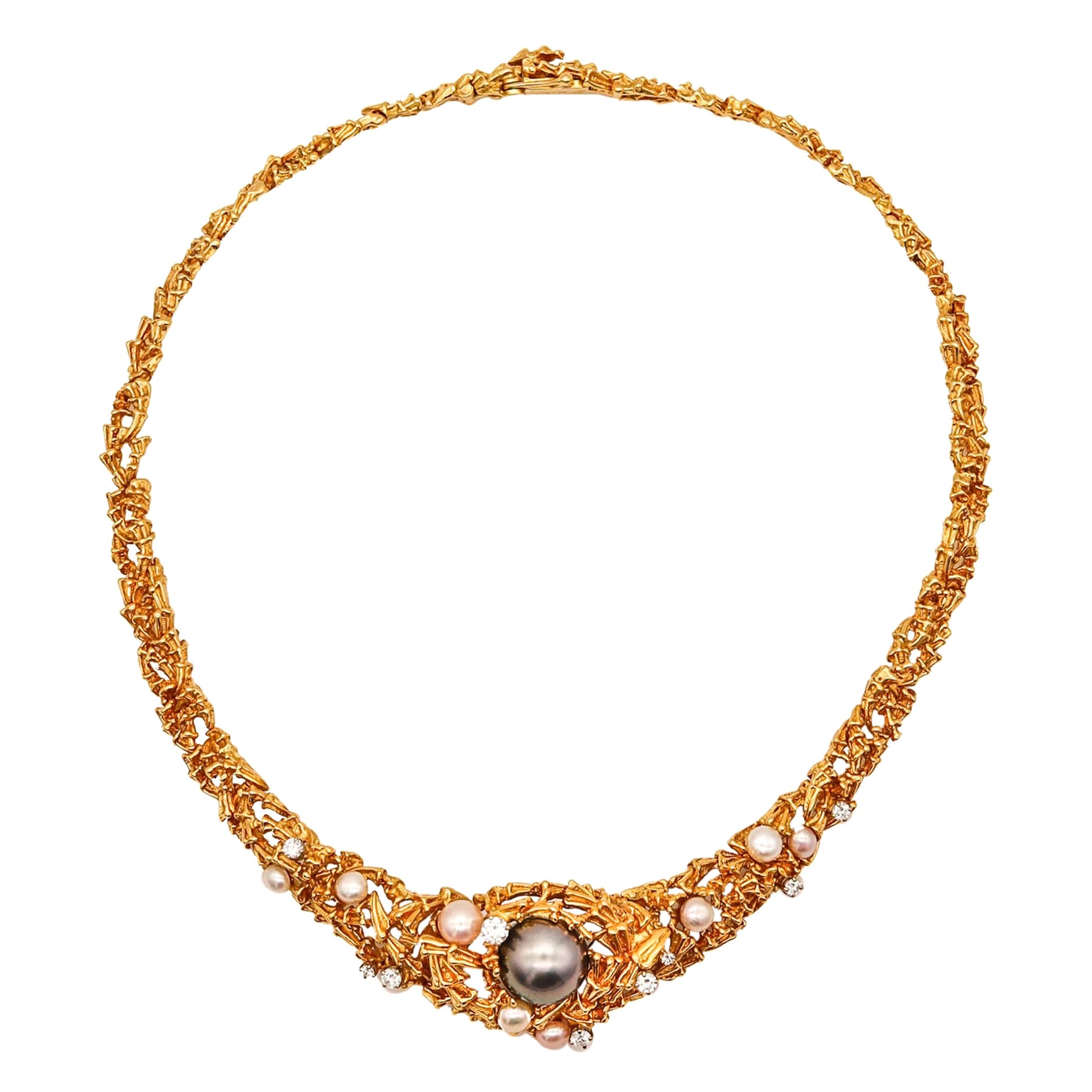 Gilbert Albert 1970 Organic Necklace In 18Kt Yellow Gold With Diamonds And Pearl
