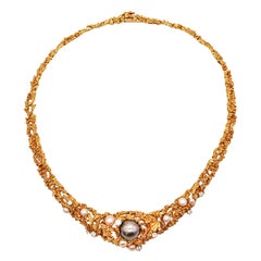 Vintage Gilbert Albert 1970 Organic Necklace In 18Kt Yellow Gold With Diamonds And Pearl
