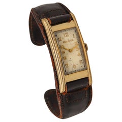 Used Bulova President 1937 Art Deco Curvex Back 14Kt Gold With Leather Cuff Bracelet