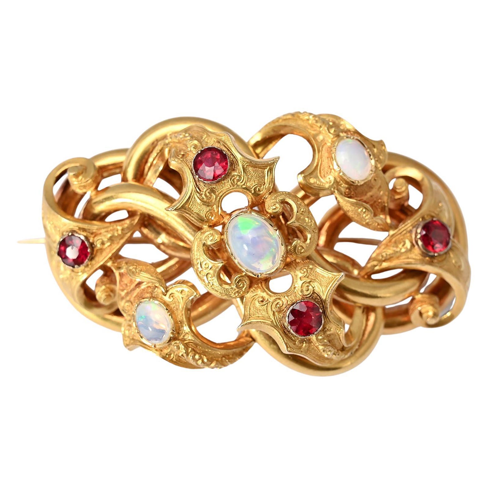 Opal and Garnet Victorian Gold Brooch For Sale