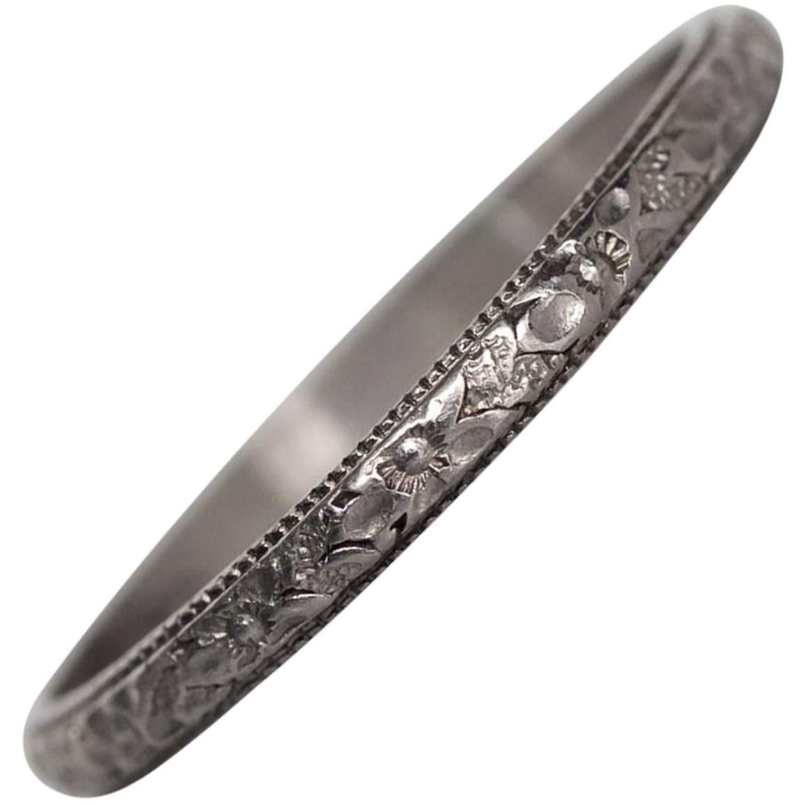 1920s Art Deco Hand Engraved Platinum Wedding Band Ring