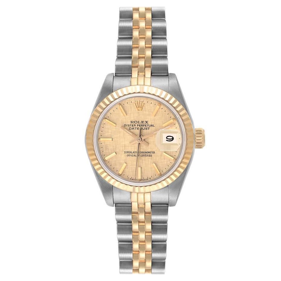 Rolex Datejust Steel Yellow Gold Champagne Linen Dial Ladies Watch 69173 Papers