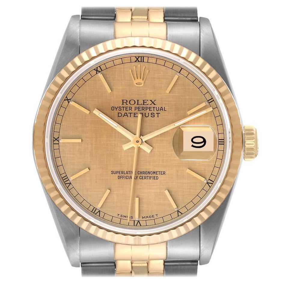 Rolex Datejust Steel Yellow Gold Champagne Linen Dial Mens Watch 16233 For Sale