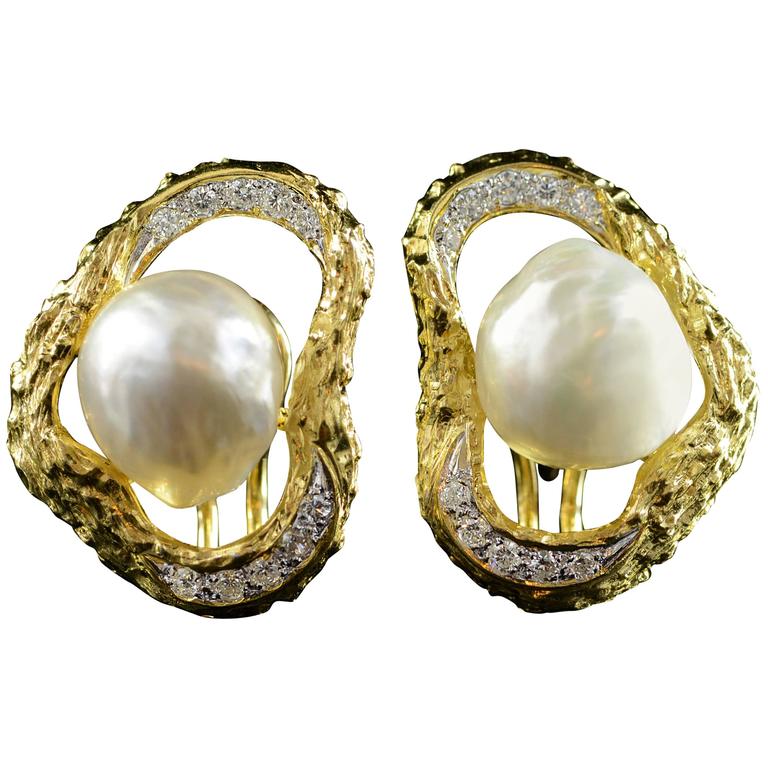 Baroque Pearl Diamond Gold French Clip Earrings For Sale at 1stDibs