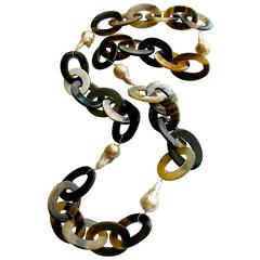 Buffalo Horn Flameball Pearls Link Chain Necklace