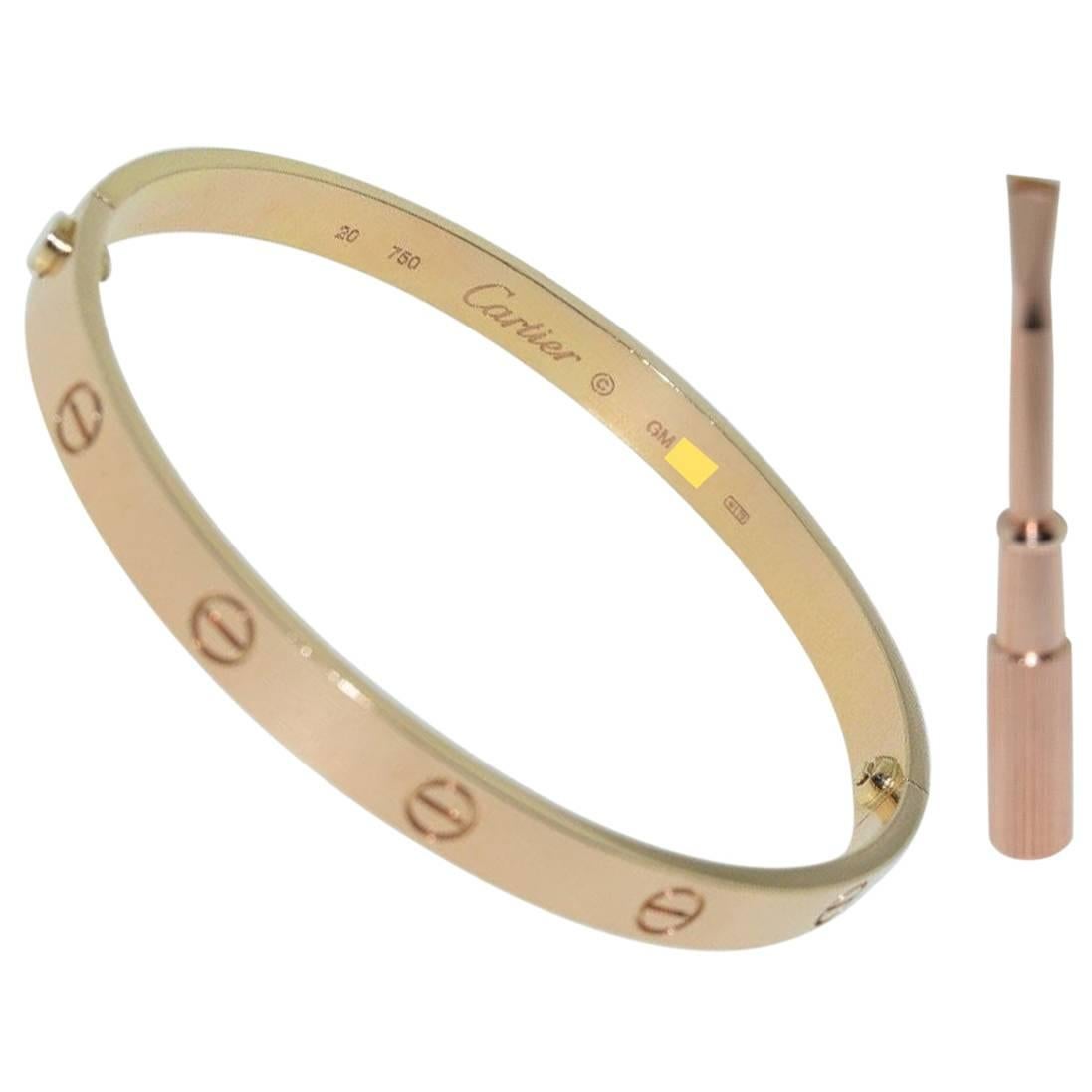Cartier 18k Rose Gold Love Bracelet w Screwdriver and Box, Size 20 For Sale