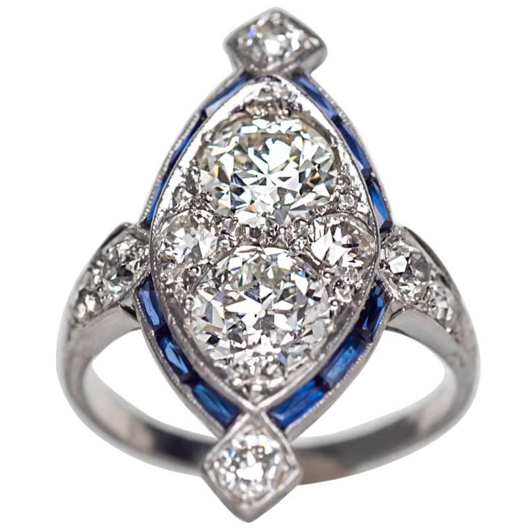 1920s Art Deco Sapphire Diamond Platinum TwoStone Engagement Ring For