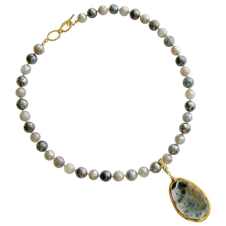 Mystic Moonstone Removable Agate Geode Druzy Egg Pendant Necklace at