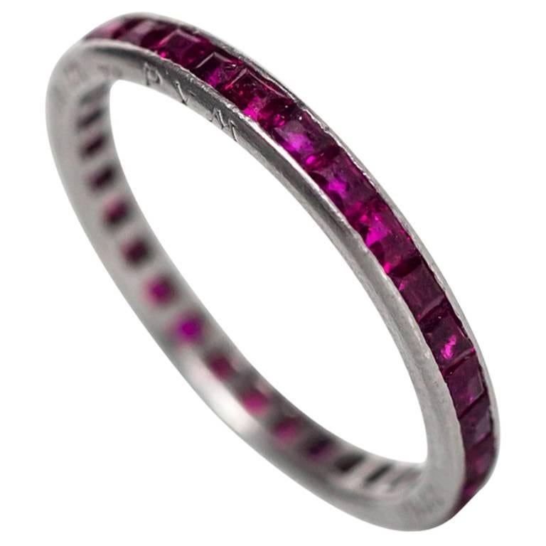 1944 Art Deco Ruby Diamond Platinum Eternity Band Engraved "June 12th 1944"