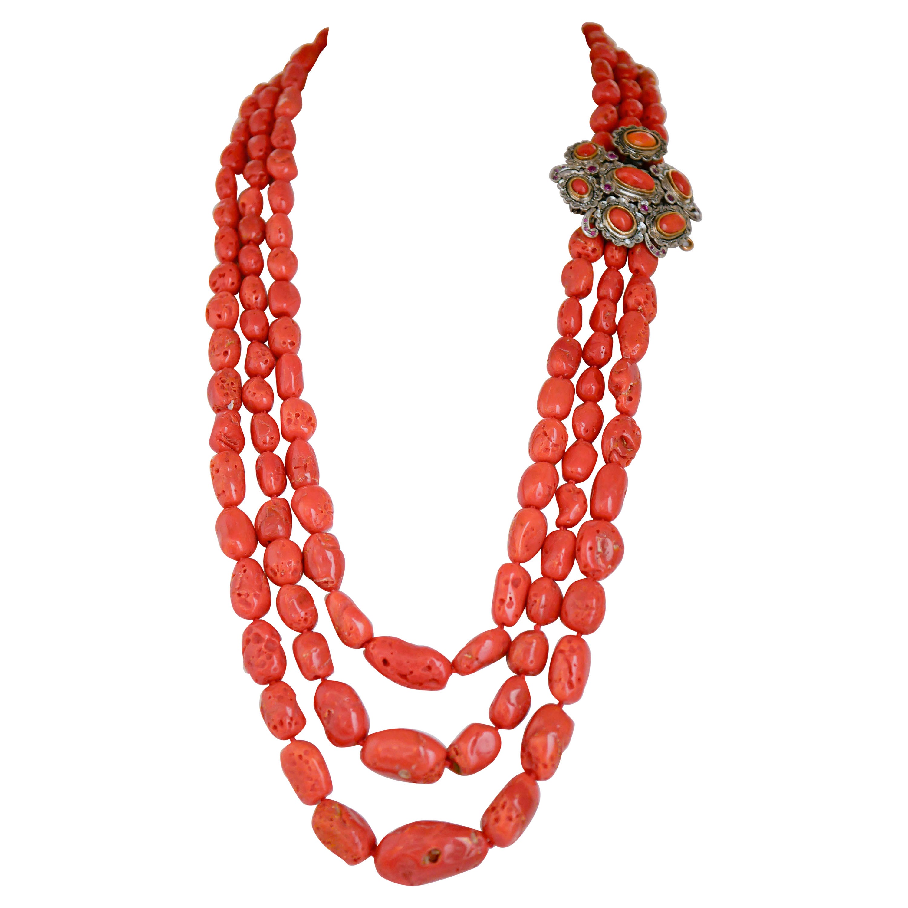 Coral, Rubies, Diamonds, Rose Gold and Silver Retrò Necklace. For Sale