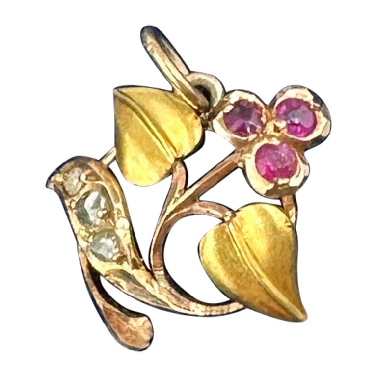 Art Nouveau Ruby Rose Cut Diamond Flower Pendant Necklace Charm 18 Karat Gold For Sale