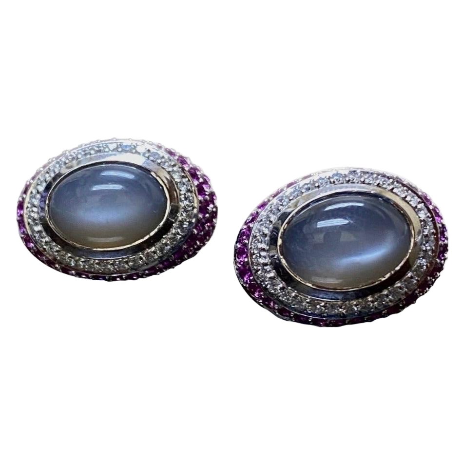 18K White Gold Modern Diamond and Pink Sapphires Oval Moonstone Earrings