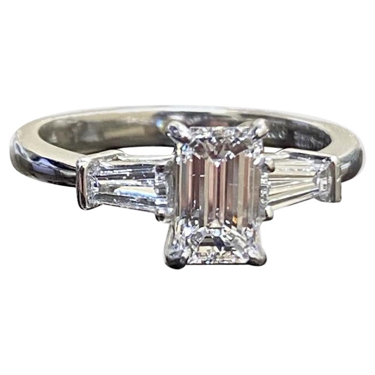 GIA Certified D Color SI1 0.90 Carat Emerald Cut Diamond Three Stone Engagement  For Sale