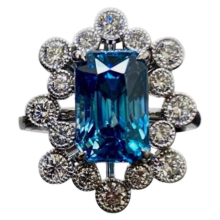 Modern Platinum Diamond Radiant Cut 6.53 Carat Blue Zircon Engagement Ring For Sale