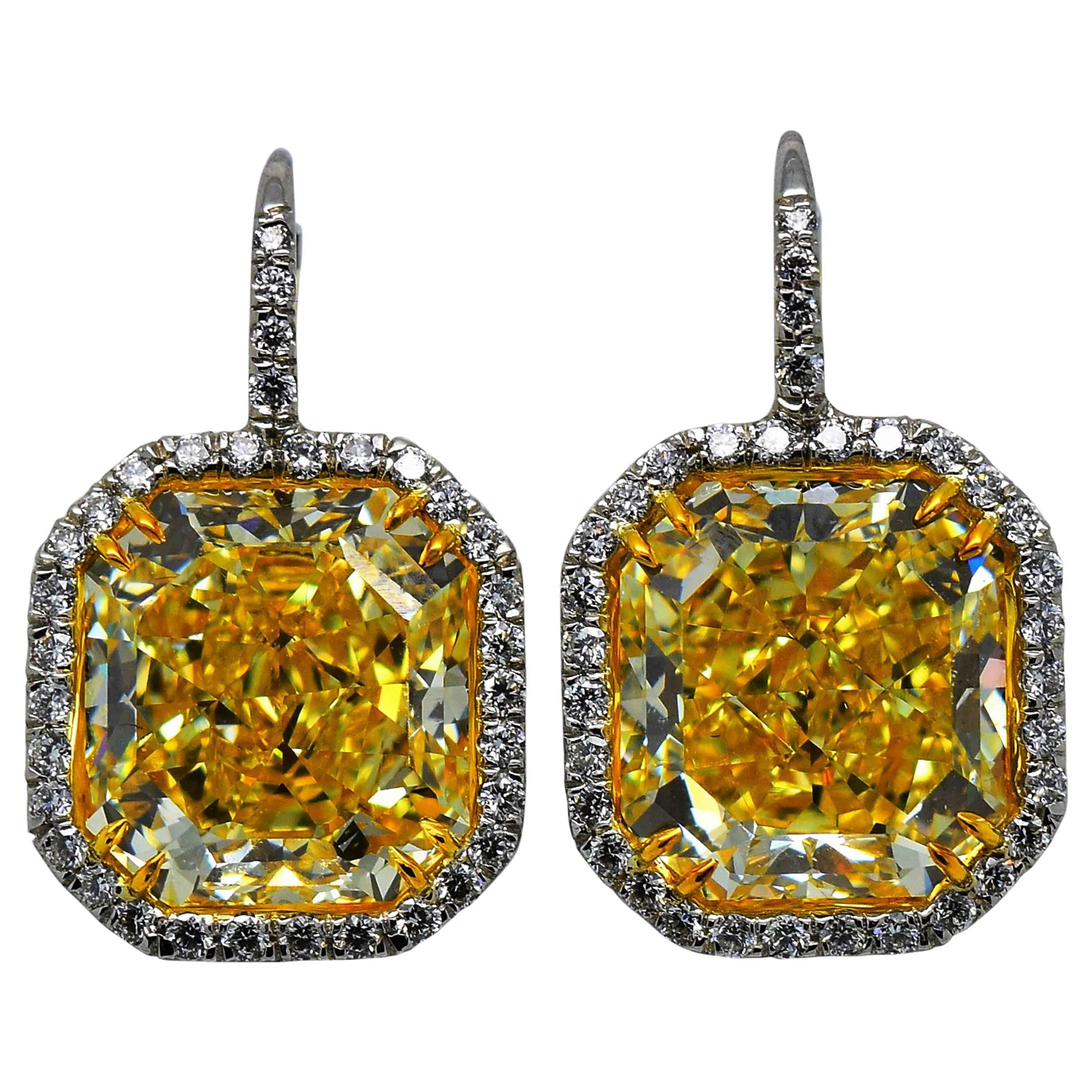 Important 24.33 Carats GIA Cert Fancy Yellow Radiant Cut Diamonds Earrings