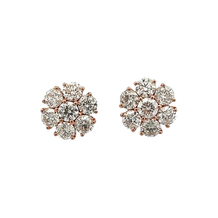 Diamond Flower Earrings 4.75 CT in 14K Rose Gold Screw Back For Sale
