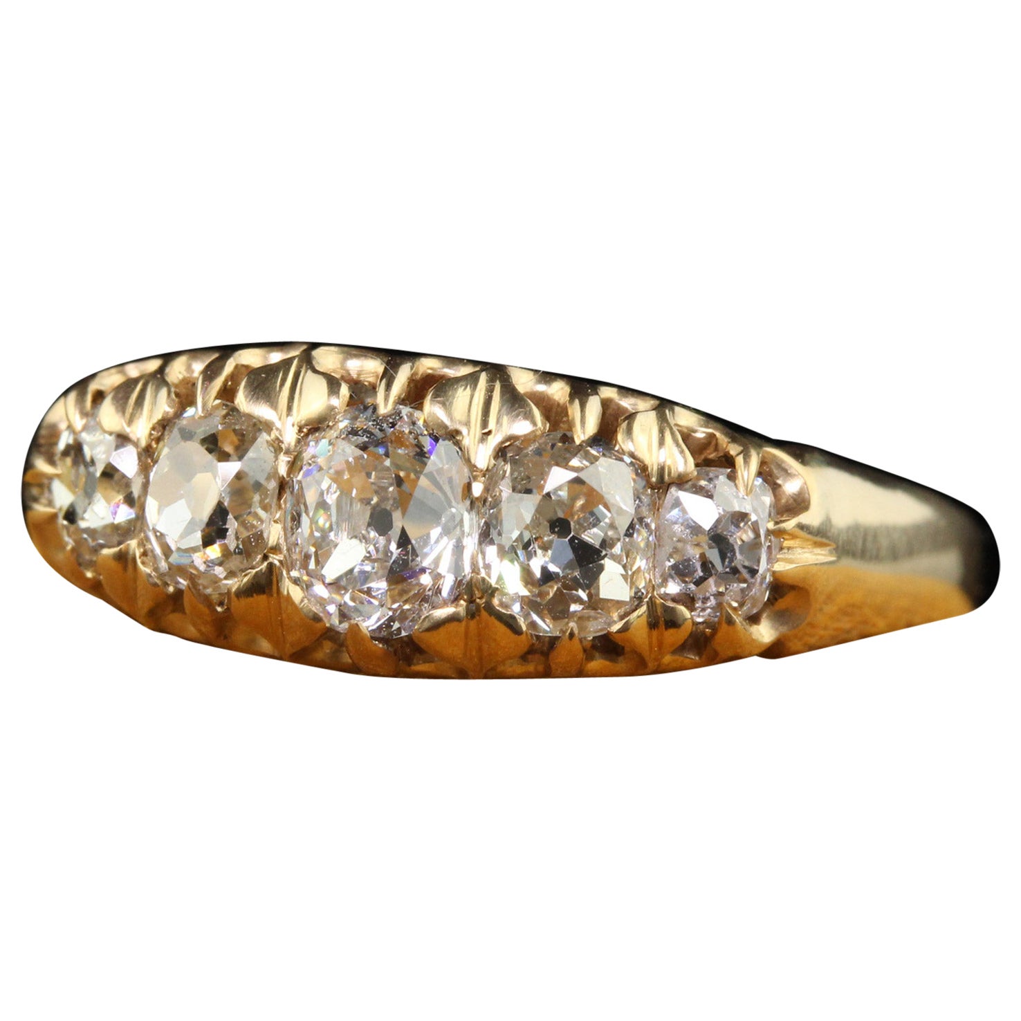 Antique Victorian English 18K Yellow Gold Old Mine Cut Diamond Five Stone Band - For Sale