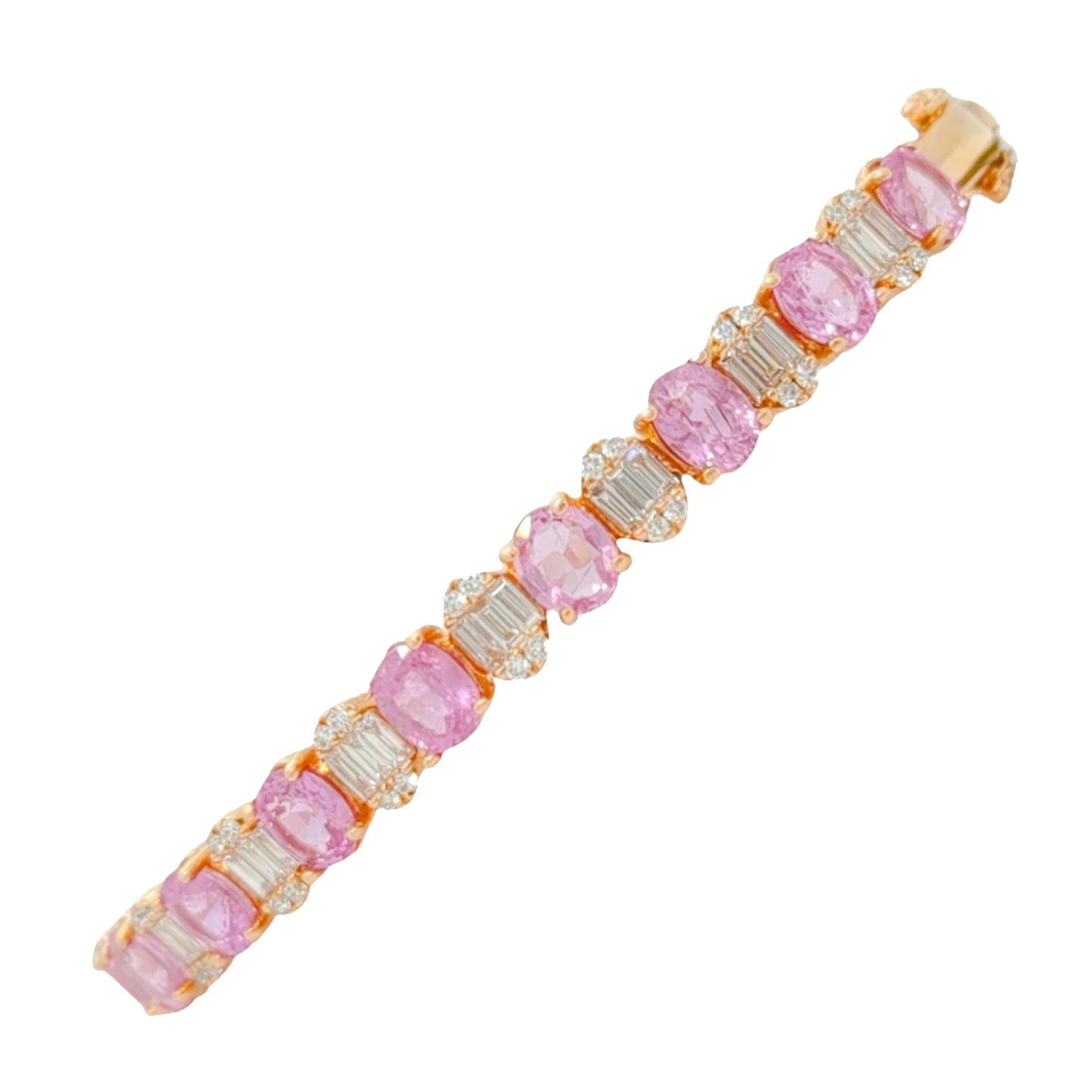 Oval Pink Sapphire and Diamond Baguette and Round Bangle in 14K Rose Gold For Sale