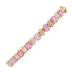 Bracelet jonc en or rose 14 carats avec saphirs roses ovales et diamants baguettes et ronds