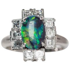 Antique 1927 Art Deco Black Neon Green Opal Old Cut Asscher Diamonds Platinum Ring