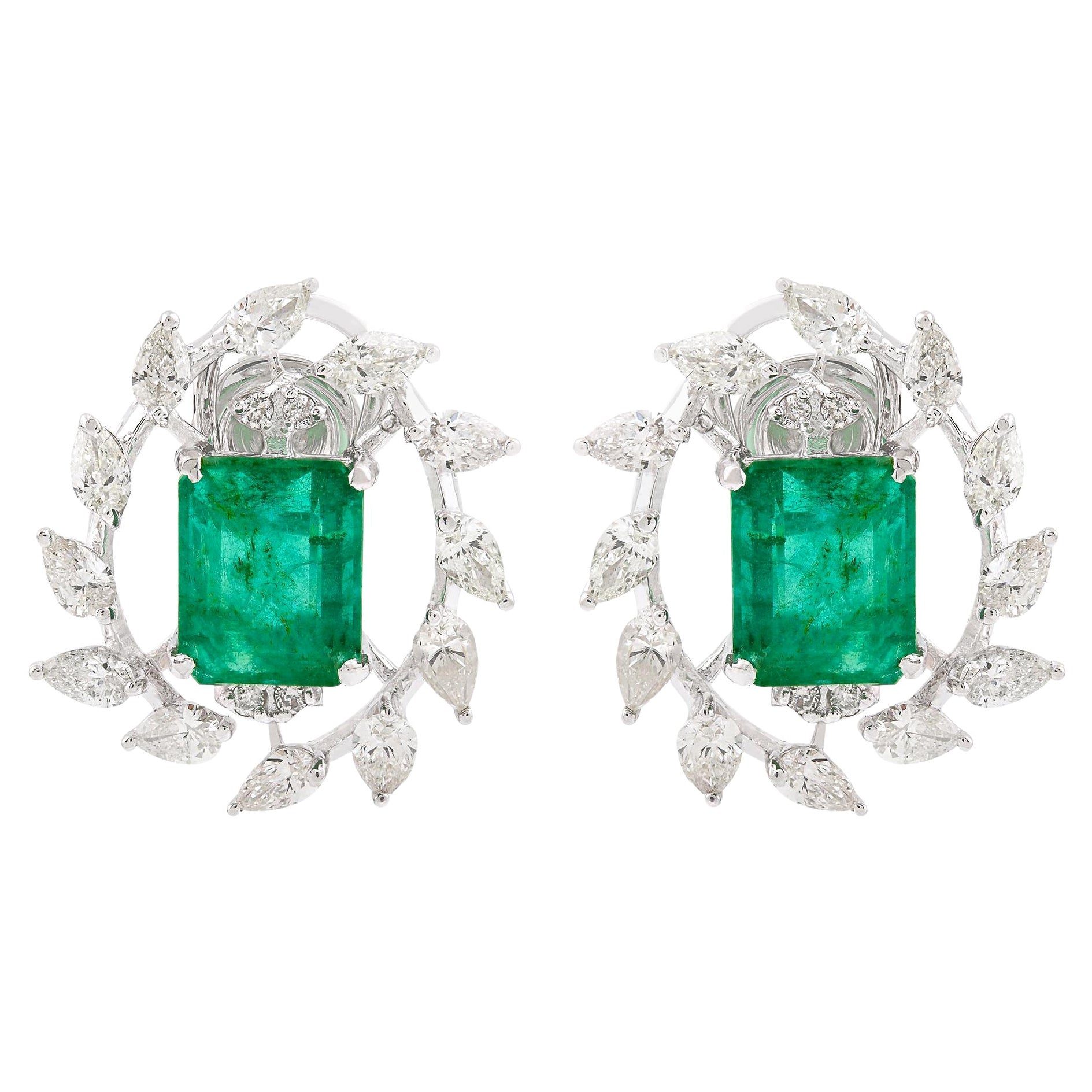 Natural Emerald Gemstone Stud Earrings Pear Diamond 18 Karat White Gold Jewelry For Sale