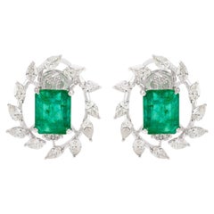 Nature Emerald Gemstone Stud Ears Pear Diamond 18 Karat White Gold Jewelry