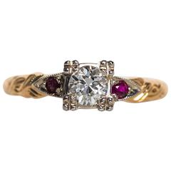 1930s .35 Carat Old European Diamond Ruby Two Color Gold Engagement Ring