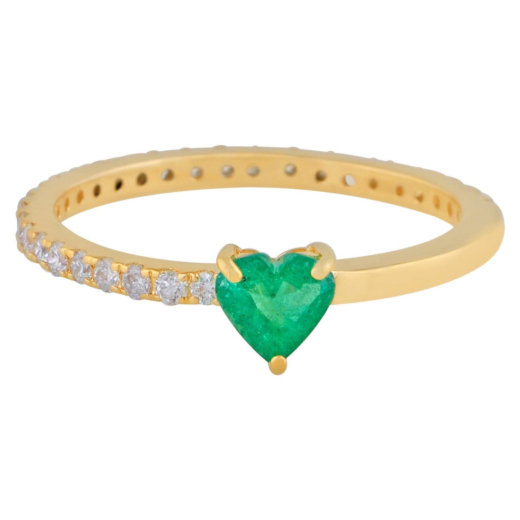 Heart Emerald Gemstone Half Eternity Band Ring Pave Diamond 14 Karat Yellow Gold For Sale