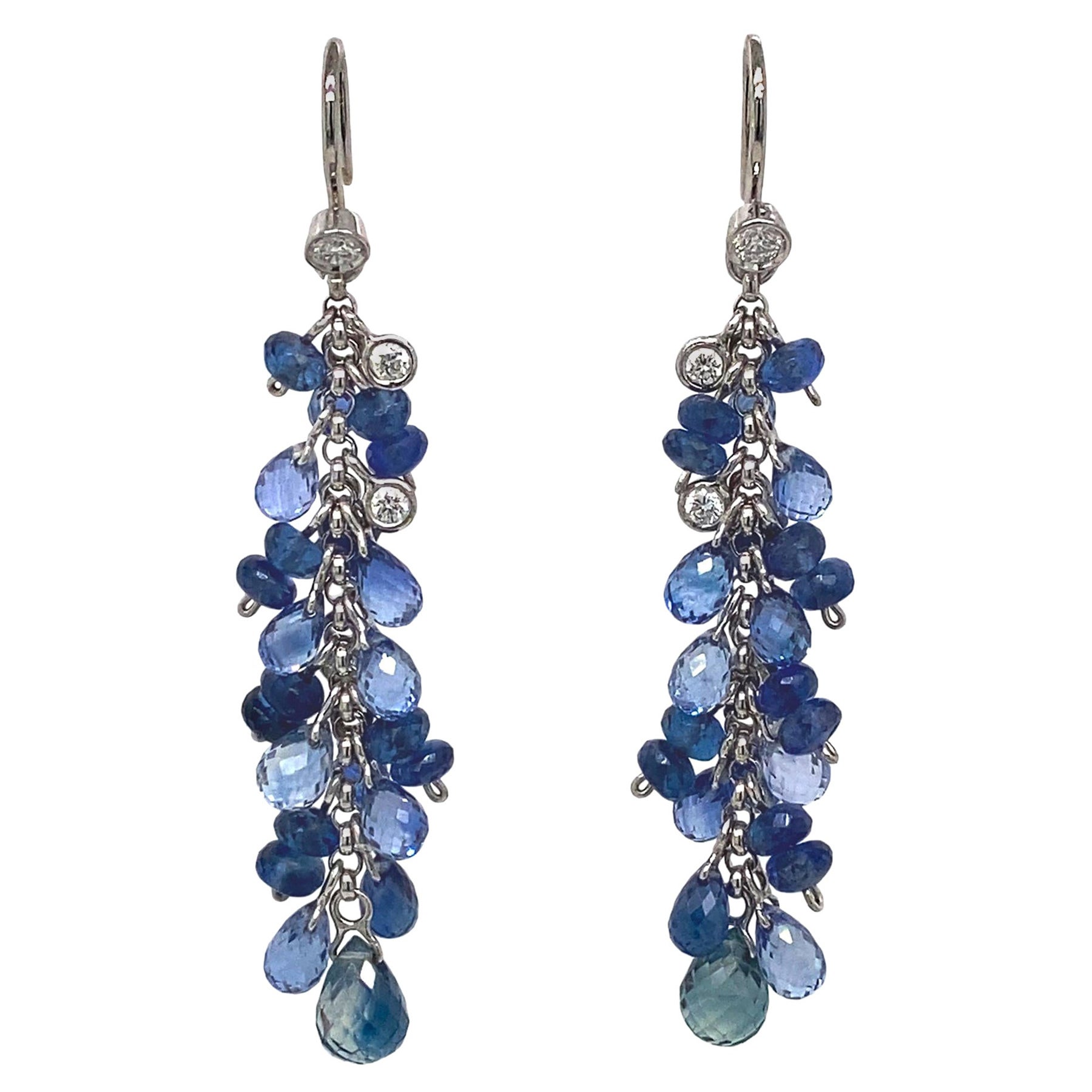 Blue Sapphire Briolette Drop Summer Earrings in 18k Gold For Sale