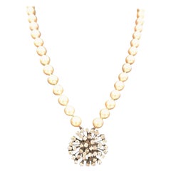 Retro 18 Karat White Gold Pearl and Diamond Necklace