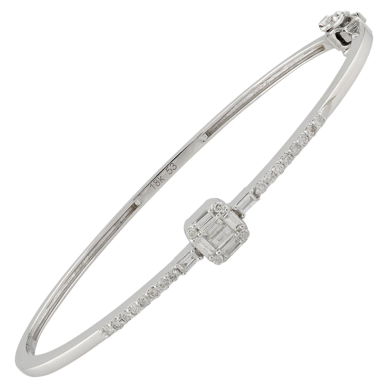 0.37 Carat Baguette & Round Diamond Bangle Bracelet 18 Karat White Gold Jewelry For Sale